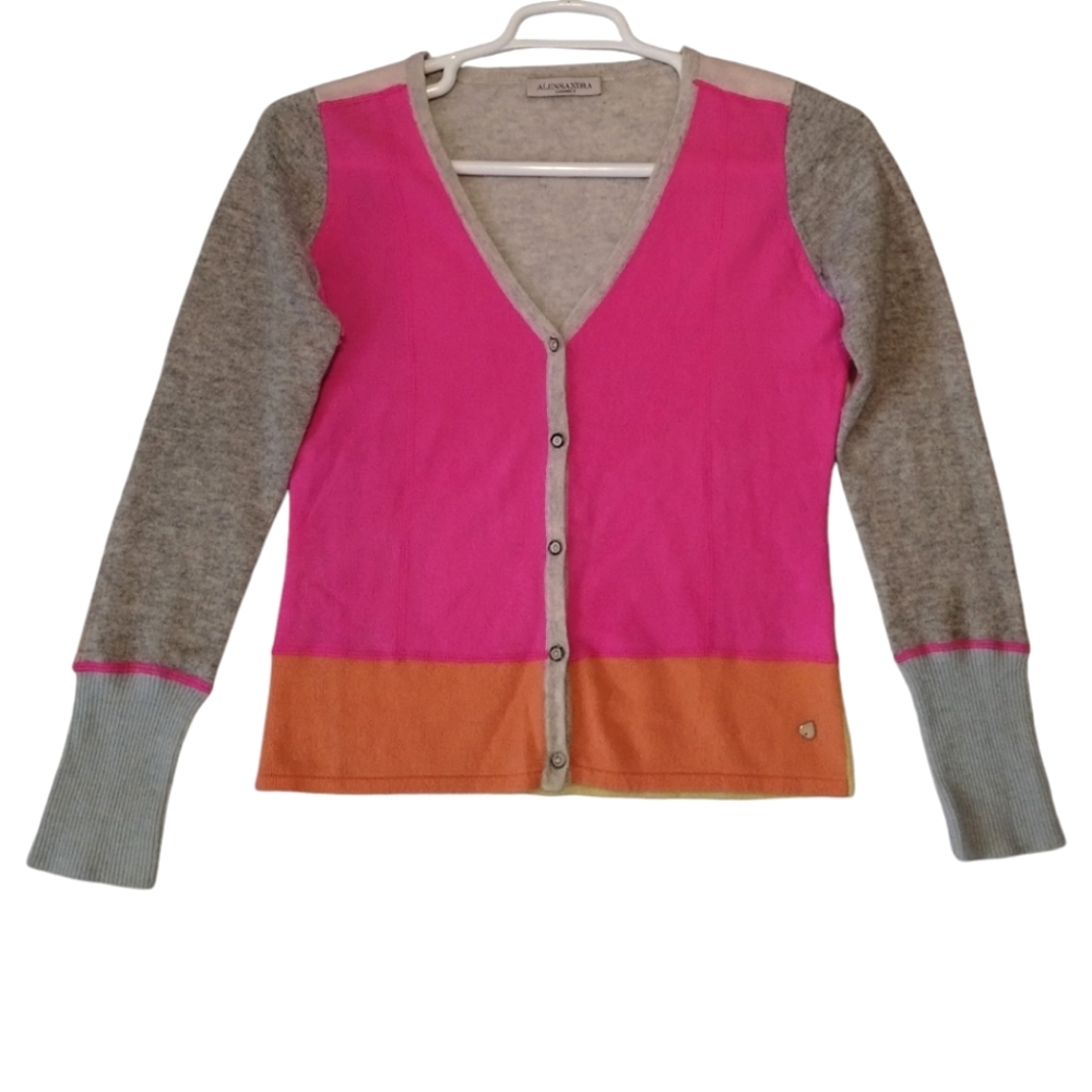 Alessandra Cashmere‎ Color Block V-Neck Long Sleeve Knit Sweater Cardigan